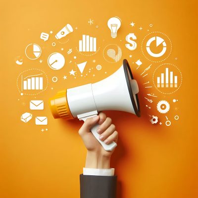 Hand Holding Megaphone for Marketing and Sales on Orange Background